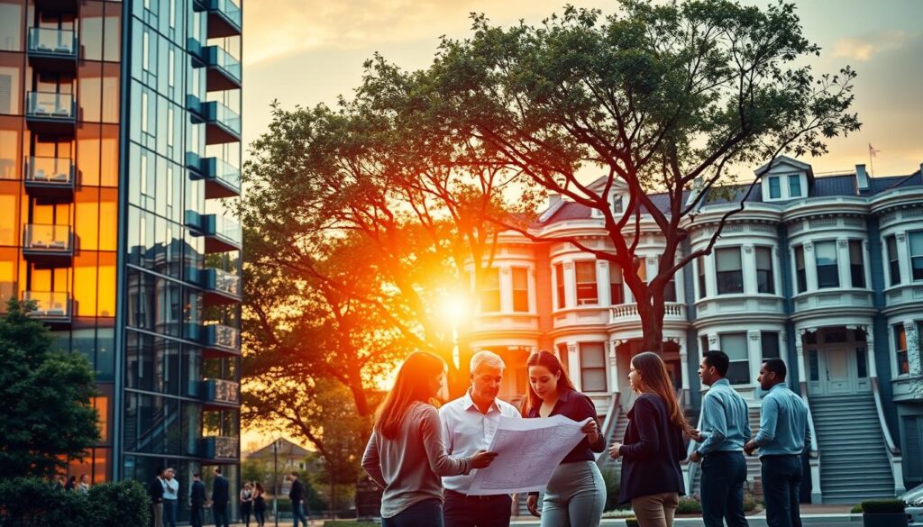 A vibrant scene showcasing diverse real estate investment strategies. In the foreground, a modern apartment building, its sleek glass facade reflecting the warm glow of a setting sun. In the middle ground, a group of people, each examining a set of blueprints, representing the intricacies of property development. In the background, a quaint row of Victorian-era townhouses, a symbol of the timeless appeal of residential rentals. The composition is lit by a soft, diffused lighting, creating a sense of tranquility and contemplation. The overall atmosphere evokes a harmonious blend of traditional and contemporary investment approaches, inviting the viewer to explore the vast possibilities of profitable real estate ventures.