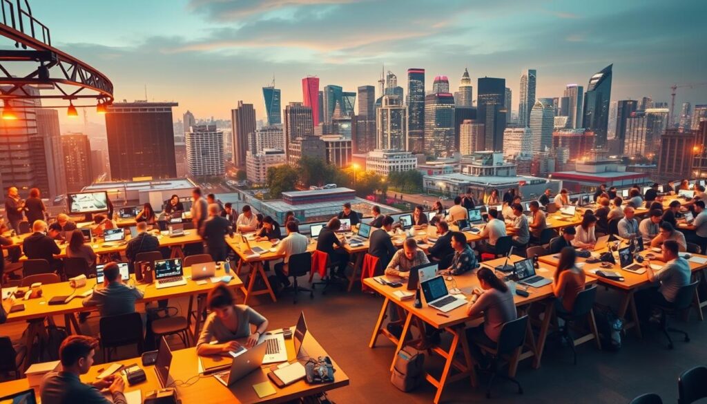A vibrant visualization of the freelance market trends in the United States, captured through a detailed, wide-angle photograph. In the foreground, a bustling freelance marketplace teeming with independent professionals engaged in various tasks, their laptops and tools spread out on trestle tables. The middle ground showcases a diverse array of freelance services, from graphic design and web development to virtual assistance and content creation. In the background, a dynamic skyline of modern office buildings and coworking spaces, representing the evolving landscape of the freelance economy. The scene is illuminated by warm, diffused lighting, creating a sense of energy and opportunity. The overall atmosphere conveys the rapid growth and adaptability of the freelance market, reflecting the dynamic nature of the freelance landscape in the United States. A vibrant visualization of the freelance market trends in the United States, captured through a detailed, wide-angle photograph. In the foreground, a bustling freelance marketplace teeming with independent professionals engaged in various tasks, their laptops and tools spread out on trestle tables. The middle ground showcases a diverse array of freelance services, from graphic design and web development to virtual assistance and content creation. In the background, a dynamic skyline of modern office buildings and coworking spaces, representing the evolving landscape of the freelance economy. The scene is illuminated by warm, diffused lighting, creating a sense of energy and opportunity. The overall atmosphere conveys the rapid growth and adaptability of the freelance market, reflecting the dynamic nature of the freelance landscape in the United States.