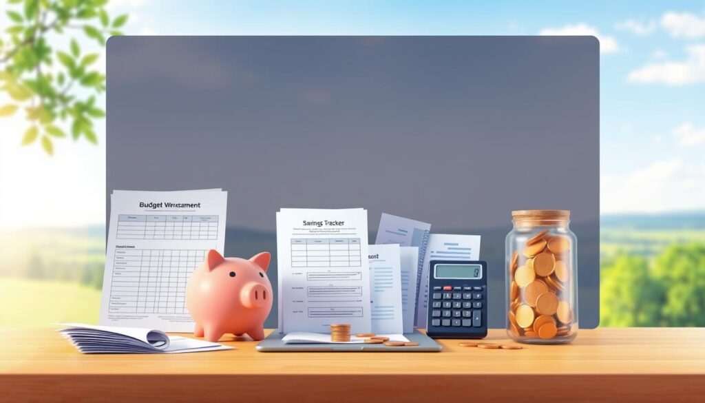 A vibrant, visually engaging illustration of budgeting basics, captured in a warm, welcoming style. In the foreground, a neatly organized set of financial documents, including a budget worksheet, savings tracker, and expense receipts, all arranged on a clean, wooden desktop. The middle ground features a piggy bank, a calculator, and a jar filled with coins, symbolizing the act of saving and managing finances. In the background, a soft, blurred landscape with lush greenery and a serene sky, conveying a sense of tranquility and balance. The lighting is natural and diffused, creating a cozy, inviting atmosphere that encourages the viewer to engage with the subject matter. The overall composition is well-balanced, visually appealing, and effectively communicates the core concepts of budgeting and financial planning. A vibrant, visually engaging illustration of budgeting basics, captured in a warm, welcoming style. In the foreground, a neatly organized set of financial documents, including a budget worksheet, savings tracker, and expense receipts, all arranged on a clean, wooden desktop. The middle ground features a piggy bank, a calculator, and a jar filled with coins, symbolizing the act of saving and managing finances. In the background, a soft, blurred landscape with lush greenery and a serene sky, conveying a sense of tranquility and balance. The lighting is natural and diffused, creating a cozy, inviting atmosphere that encourages the viewer to engage with the subject matter. The overall composition is well-balanced, visually appealing, and effectively communicates the core concepts of budgeting and financial planning.