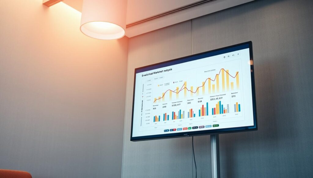 A vibrant, well-lit local market analysis chart displayed on a large monitor in a modern, minimalist office. The chart features a clear, easy-to-read layout with crisp, color-coded lines and data visualizations. The background is a neutral, slightly textured gray, allowing the chart to take center stage. Subtle lighting from above casts a warm, focused glow on the display, highlighting the relevant information. The angle is slightly elevated, giving the viewer a sense of authority and professionalism. The overall mood is one of clarity, precision, and analytical insight, fitting the needs of the "Evaluating Local Market Trends and Property Types" section.