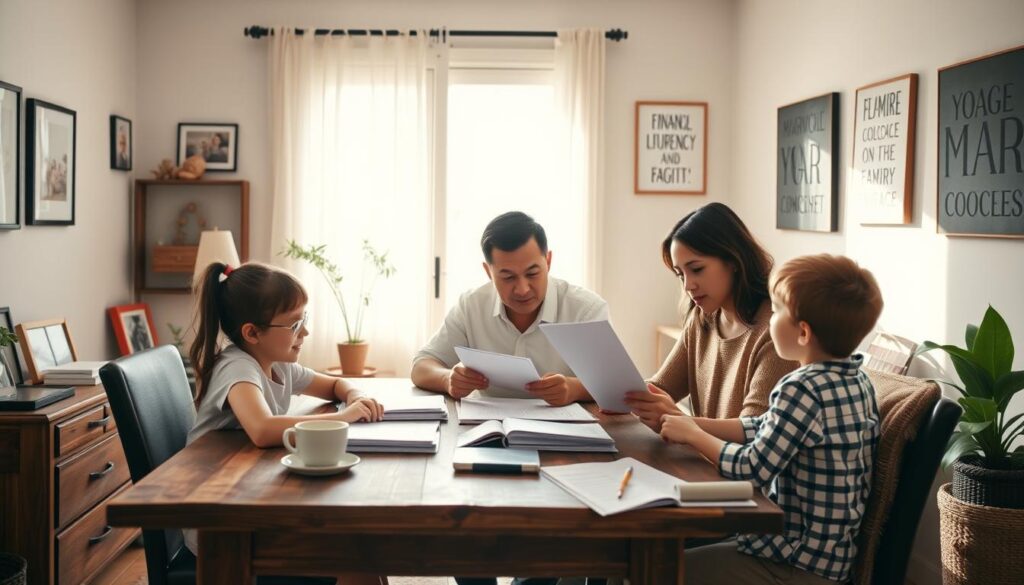 A warm, cozy home office with a wooden desk, where a family gathers to review their monthly budget. The parents sit together, carefully examining financial documents, while their children observe attentively, learning the importance of responsible money management. Soft, natural lighting filters through the window, creating a serene and inviting atmosphere. The room is adorned with family photos and inspirational wall art, reflecting the values of financial literacy and stability. A sense of collaboration and unity permeates the scene, as the family works together to ensure their financial well-being. A warm, cozy home office with a wooden desk, where a family gathers to review their monthly budget. The parents sit together, carefully examining financial documents, while their children observe attentively, learning the importance of responsible money management. Soft, natural lighting filters through the window, creating a serene and inviting atmosphere. The room is adorned with family photos and inspirational wall art, reflecting the values of financial literacy and stability. A sense of collaboration and unity permeates the scene, as the family works together to ensure their financial well-being.