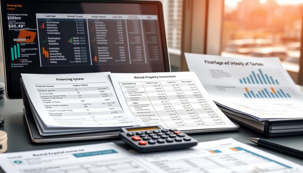 A well-lit, detailed comparison of various financing options for rental property investment, presented on a sleek desktop with professional-looking documents, digital displays, and a calculator. The foreground showcases an array of loan types, mortgage terms, and interest rates, while the middle ground features a comprehensive financial analysis of cash flow, ROI, and debt-to-income ratios. The background subtly hints at the broader real estate market, with a cityscape or architectural elements providing a sense of context. The overall mood is one of informed, data-driven decision-making, guiding the viewer through the complexities of rental property financing.