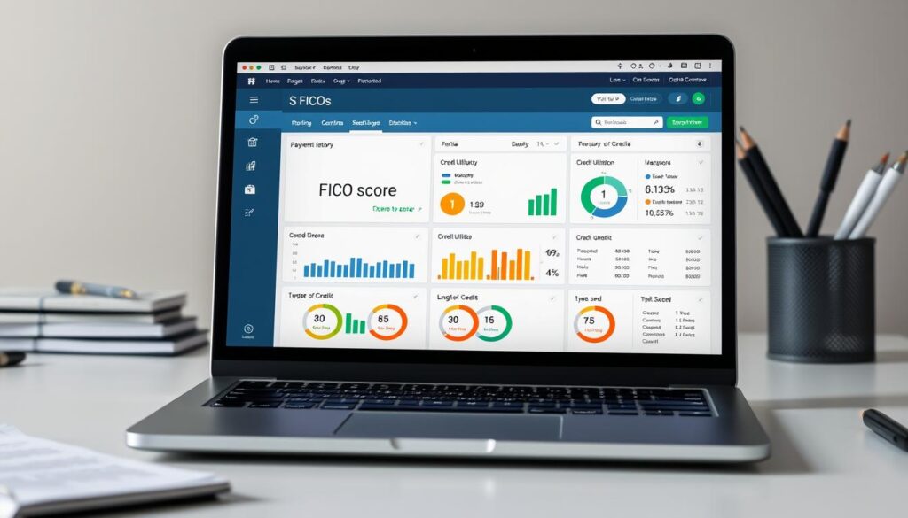 A well-lit, high-resolution close-up view of a FICO credit score analysis dashboard displayed on a laptop screen. The dashboard features a prominent FICO score, along with detailed graphs, charts, and metrics that provide a comprehensive breakdown of the factors impacting the score, such as payment history, credit utilization, length of credit history, and types of credit used. The laptop is placed on a clean, minimalist desk, with a subtle background of muted colors and office supplies, creating a professional, analytical atmosphere. The overall composition emphasizes the clarity and accessibility of the credit score analysis, conveying a sense of empowerment and understanding for the viewer.