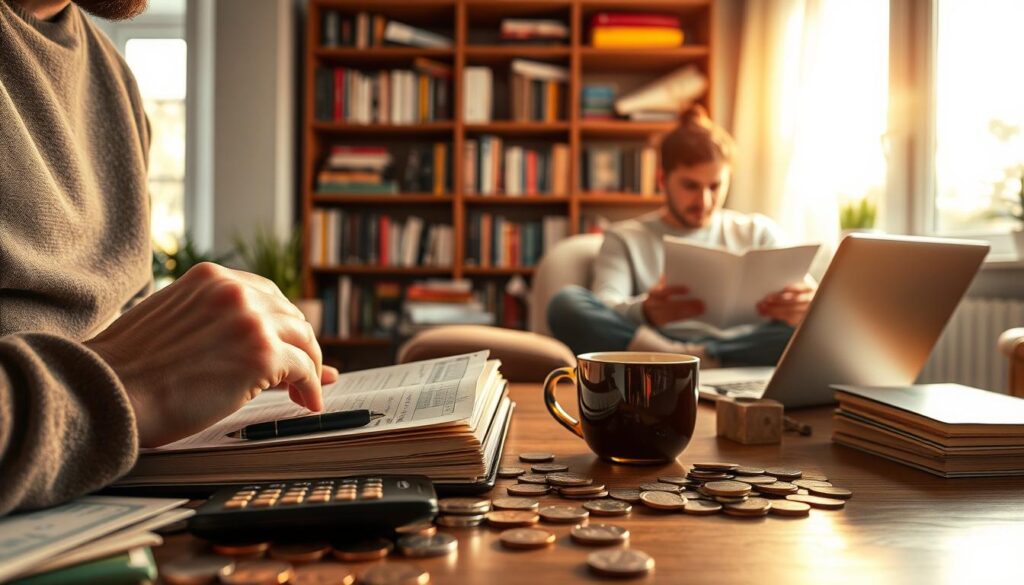 A well-lit, immersive scene depicting the daily habits and routines that foster financial success. In the foreground, a person is diligently recording expenses and budgeting in a journal, surrounded by an array of coins, bills, and a calculator. In the middle ground, a person is intently reviewing financial statements on a laptop, with a cup of coffee nearby. In the background, a bookshelf filled with personal finance books casts a warm glow, complemented by natural light streaming through a window. The overall atmosphere conveys a sense of focus, discipline, and a mindset dedicated to wealth-building. A well-lit, immersive scene depicting the daily habits and routines that foster financial success. In the foreground, a person is diligently recording expenses and budgeting in a journal, surrounded by an array of coins, bills, and a calculator. In the middle ground, a person is intently reviewing financial statements on a laptop, with a cup of coffee nearby. In the background, a bookshelf filled with personal finance books casts a warm glow, complemented by natural light streaming through a window. The overall atmosphere conveys a sense of focus, discipline, and a mindset dedicated to wealth-building.