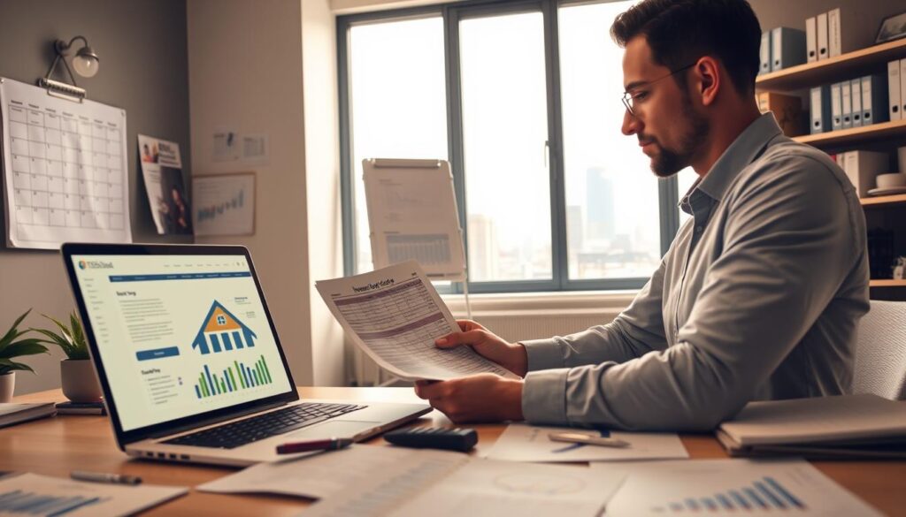 A well-lit office scene with a desk, laptop, and various financial documents. In the foreground, a person is thoughtfully examining a detailed spreadsheet, their face illuminated by the screen's glow. On the desk, a pen, calculator, and a framed image of a house, symbolizing investment goals. The middle ground features a wall calendar, a whiteboard displaying key metrics, and shelves filled with relevant books. The background showcases a large window overlooking a cityscape, suggesting the broader economic context. The overall mood is one of focused contemplation and strategic planning, with warm, natural lighting evoking a sense of productive diligence.
