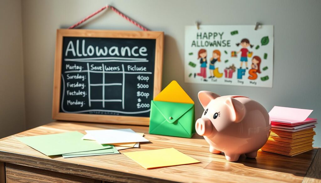 A well-organized and visually appealing allowance system for young children. A wooden table with a piggy bank, colorful envelopes, and a chalkboard displaying a weekly allowance schedule. Soft, natural lighting illuminates the scene, creating a warm and inviting atmosphere. In the background, a whimsical illustration of children saving money and learning financial responsibility. The overall composition emphasizes the importance of early financial education and the role of an allowance system in developing healthy money habits. A well-organized and visually appealing allowance system for young children. A wooden table with a piggy bank, colorful envelopes, and a chalkboard displaying a weekly allowance schedule. Soft, natural lighting illuminates the scene, creating a warm and inviting atmosphere. In the background, a whimsical illustration of children saving money and learning financial responsibility. The overall composition emphasizes the importance of early financial education and the role of an allowance system in developing healthy money habits.