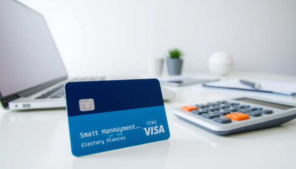 A well-organized desk with a laptop, a credit card, and a calculator, all set against a clean, minimalist background. The lighting is soft and diffused, creating a calming and focused atmosphere. In the foreground, the credit card is the central focus, placed prominently on the desk, symbolizing the importance of smart debt management. The laptop and calculator suggest financial analysis and planning, while the overall composition conveys a sense of control and organization over personal finances.