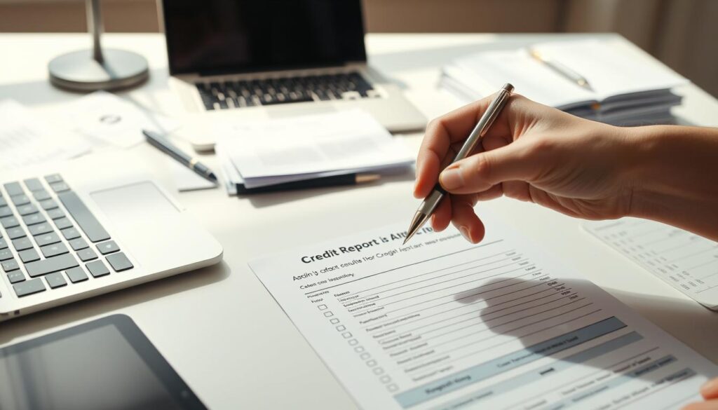 A well-organized office space with a laptop, papers, and a credit report on the desk. Bright, natural lighting illuminates the scene, creating a sense of clarity and focus. In the foreground, a hand holds a pen, ready to carefully review and correct any inaccuracies on the credit report. The background features a clean, minimalist design, emphasizing the importance of attention to detail and financial responsibility. The overall atmosphere conveys a sense of diligence and proactivity in maintaining a healthy credit profile. A well-organized office space with a laptop, papers, and a credit report on the desk. Bright, natural lighting illuminates the scene, creating a sense of clarity and focus. In the foreground, a hand holds a pen, ready to carefully review and correct any inaccuracies on the credit report. The background features a clean, minimalist design, emphasizing the importance of attention to detail and financial responsibility. The overall atmosphere conveys a sense of diligence and proactivity in maintaining a healthy credit profile.