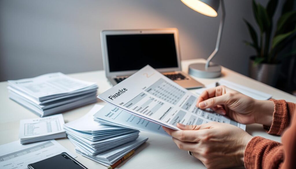 A well-organized workspace with a sleek laptop, neatly stacked receipts, and a modern desk lamp casting a warm glow. In the foreground, a person's hands meticulously sorting through financial documents, evaluating expenses and maintaining a balanced budget. The background features a muted color palette, emphasizing the focus on the task at hand. The overall atmosphere conveys a sense of control, organization, and financial self-care. A well-organized workspace with a sleek laptop, neatly stacked receipts, and a modern desk lamp casting a warm glow. In the foreground, a person's hands meticulously sorting through financial documents, evaluating expenses and maintaining a balanced budget. The background features a muted color palette, emphasizing the focus on the task at hand. The overall atmosphere conveys a sense of control, organization, and financial self-care.