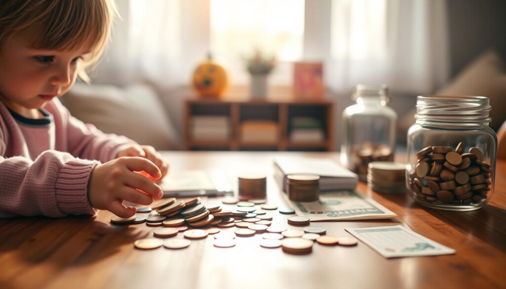 A young child carefully arranges colorful coins, dollar bills, and a piggy bank on a wooden table, illuminated by warm, diffused light streaming through a nearby window. The foreground focuses on the child's hands thoughtfully organizing their allowance, conveying a sense of responsibility and financial literacy. The middle ground showcases various money management tools, including a budget planner and a savings jar, hinting at the purpose of the allowance. The background features a cozy, domestic setting with soft, blurred edges, creating a calming, nurturing atmosphere for the child to learn about money management.