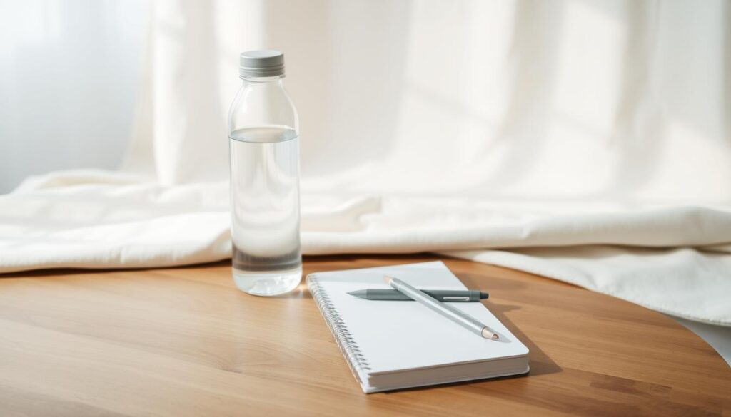 An airy, minimalist still life arrangement showcasing the essentials for a no-spend month challenge. In the foreground, a wooden table holds a reusable water bottle, a plain notebook, and a simple mechanical pencil. Behind, a neutral-toned cloth or rug creates a serene backdrop, and natural light filters in from an unseen window, casting soft shadows. The overall mood is one of simplicity, practicality, and intention, conveying the focused mindset needed to successfully complete a no-spend challenge. An airy, minimalist still life arrangement showcasing the essentials for a no-spend month challenge. In the foreground, a wooden table holds a reusable water bottle, a plain notebook, and a simple mechanical pencil. Behind, a neutral-toned cloth or rug creates a serene backdrop, and natural light filters in from an unseen window, casting soft shadows. The overall mood is one of simplicity, practicality, and intention, conveying the focused mindset needed to successfully complete a no-spend challenge.
