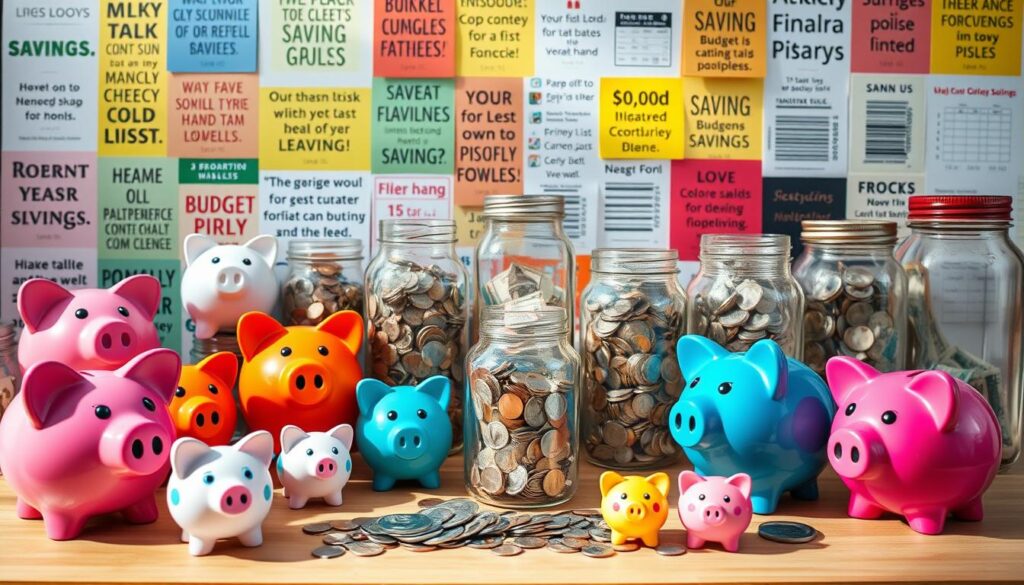 An assortment of colorful piggy banks, jars, and other creative savings containers arranged in an eye-catching display. The foreground features a variety of unique, handcrafted piggy banks in whimsical shapes and patterns, each with a unique personality. In the middle ground, glass jars and containers of different sizes are filled with coins, bills, and other monetary items, hinting at the accumulation of savings. The background showcases a collage of inspirational financial quotes, budget templates, and savings tips, creating a visually stimulating and informative composition. Warm, natural lighting casts subtle shadows, highlighting the textural details of the various savings receptacles. The overall mood is one of playfulness, creativity, and a sense of accomplishment in achieving financial goals. An assortment of colorful piggy banks, jars, and other creative savings containers arranged in an eye-catching display. The foreground features a variety of unique, handcrafted piggy banks in whimsical shapes and patterns, each with a unique personality. In the middle ground, glass jars and containers of different sizes are filled with coins, bills, and other monetary items, hinting at the accumulation of savings. The background showcases a collage of inspirational financial quotes, budget templates, and savings tips, creating a visually stimulating and informative composition. Warm, natural lighting casts subtle shadows, highlighting the textural details of the various savings receptacles. The overall mood is one of playfulness, creativity, and a sense of accomplishment in achieving financial goals.