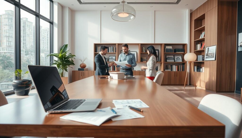 An elegant real estate office with large windows, soft lighting, and a professional yet inviting atmosphere. In the foreground, a wooden desk with a laptop, pen, and papers, symbolizing the business aspects of investment. In the middle ground, a real estate agent discussing plans with a client, demonstrating the personal interactions involved. The background features shelves of property-related books and framed images of successful investments, conveying the depth of knowledge required. The overall scene evokes a sense of expertise, diligence, and the potential for profitable returns.