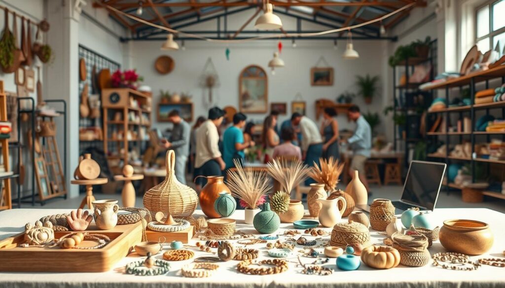 An online craft marketplace bustling with handmade treasures, Etsy shop benefits unfold in a vibrant, airy composition. In the foreground, a diverse array of artisanal products - from handcrafted jewelry to unique home decor - is showcased on a clean, minimalist display. The middle ground depicts a lively community of Etsy sellers, each with their own distinct creative vision, connected through the platform's global reach. The background subtly hints at the convenience and flexibility of running an Etsy business, with a laptop and mobile device hinting at the online nature of the enterprise. Warm, natural lighting casts a welcoming glow, conveying the warmth and passion that permeates the Etsy ecosystem.