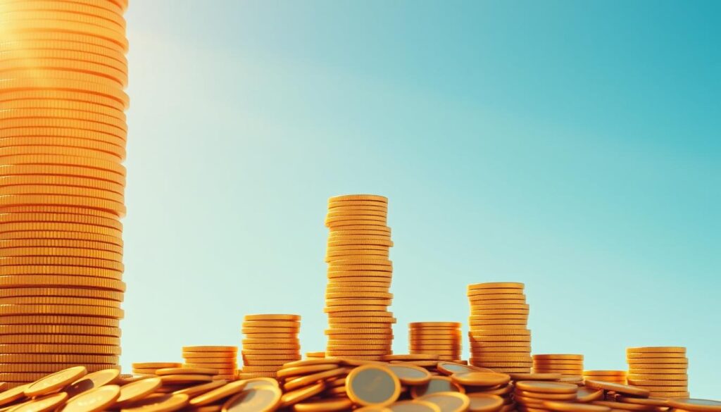 Compound interest growth: a towering spiral of gold coins, each one larger than the last, against a backdrop of a serene, azure sky. The coins are illuminated by a warm, golden light, casting long shadows that stretch out behind them. In the foreground, a central pillar of coins rises up, with smaller coins orbiting around it, creating a mesmerizing, hypnotic pattern. The overall composition conveys a sense of exponential growth, financial stability, and the power of consistent, long-term investment.