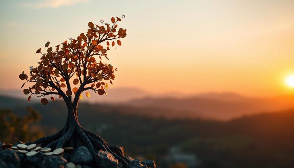 Compound interest growth: a vibrant visual representation of wealth accumulation over time. In the foreground, a flourishing tree-like structure symbolizes exponential financial growth, its branches laden with golden coins and sparkling gems. The middle ground features a sleek, minimalist graph charting the steady ascent of investments, while the background depicts a serene, serene landscape bathed in warm, golden light, conveying a sense of financial security and prosperity. The scene is captured through a wide-angle lens, emphasizing the scale and grandeur of compound interest's transformative power. The overall mood is one of optimism, progress, and the promise of a secure financial future. Compound interest growth: a vibrant visual representation of wealth accumulation over time. In the foreground, a flourishing tree-like structure symbolizes exponential financial growth, its branches laden with golden coins and sparkling gems. The middle ground features a sleek, minimalist graph charting the steady ascent of investments, while the background depicts a serene, serene landscape bathed in warm, golden light, conveying a sense of financial security and prosperity. The scene is captured through a wide-angle lens, emphasizing the scale and grandeur of compound interest's transformative power. The overall mood is one of optimism, progress, and the promise of a secure financial future.