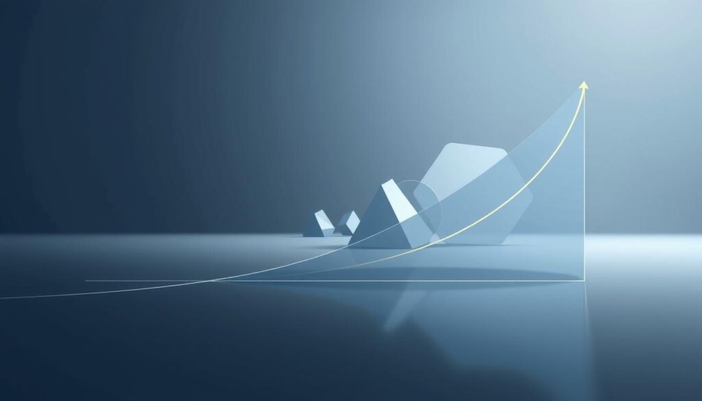 Detailed illustration of compound interest growth over time, with a focus on the geometric progression of investments. A clear, high-contrast visual representation with a sleek, futuristic style. Smooth gradients and clean, modern lines define the foreground, depicting the exponential curve of a compounding investment. The middle ground showcases abstract shapes and overlapping geometric forms, conveying the complex mathematical principles at work. The background features a stark, minimalist setting with subtle lighting and depth of field, allowing the central visual elements to take center stage. Overall, a technically accurate yet visually striking image that effectively communicates the power of compound interest to viewers. Detailed illustration of compound interest growth over time, with a focus on the geometric progression of investments. A clear, high-contrast visual representation with a sleek, futuristic style. Smooth gradients and clean, modern lines define the foreground, depicting the exponential curve of a compounding investment. The middle ground showcases abstract shapes and overlapping geometric forms, conveying the complex mathematical principles at work. The background features a stark, minimalist setting with subtle lighting and depth of field, allowing the central visual elements to take center stage. Overall, a technically accurate yet visually striking image that effectively communicates the power of compound interest to viewers.