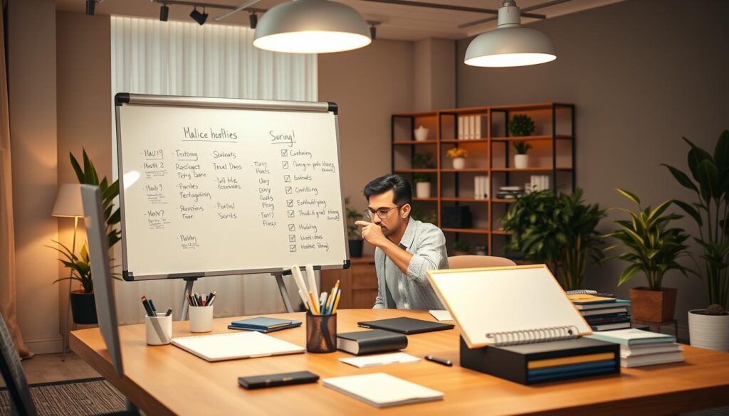 Elegant office interior with a large wooden desk, a strategically placed whiteboard, and various productivity tools. Warm lighting from overhead lamps casts a focused glow, highlighting a person meticulously planning their daily tasks and priorities. In the background, a sleek bookshelf and potted plants create a serene, professional atmosphere. The scene conveys a sense of organized efficiency, with the subject's focused expression and carefully arranged workspace reflecting a thoughtful, strategic approach to task management.