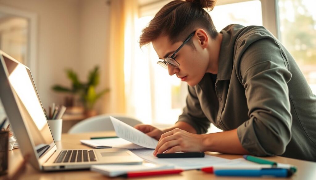 Preparing budget goals: a serene home office scene with a laptop, financial documents, and a thoughtful person planning their monthly spending. Warm, natural lighting filters through a large window, casting a soft glow. The middle ground features a desk with a notebook, calculator, and carefully arranged pens and markers. In the foreground, the person leans over the desk, deep in concentration, their face reflecting the determination to take control of their finances. The background blurs softly, creating a sense of focus and calm. The overall mood is one of organization, clarity, and a resolve to conquer financial challenges. Preparing budget goals: a serene home office scene with a laptop, financial documents, and a thoughtful person planning their monthly spending. Warm, natural lighting filters through a large window, casting a soft glow. The middle ground features a desk with a notebook, calculator, and carefully arranged pens and markers. In the foreground, the person leans over the desk, deep in concentration, their face reflecting the determination to take control of their finances. The background blurs softly, creating a sense of focus and calm. The overall mood is one of organization, clarity, and a resolve to conquer financial challenges.