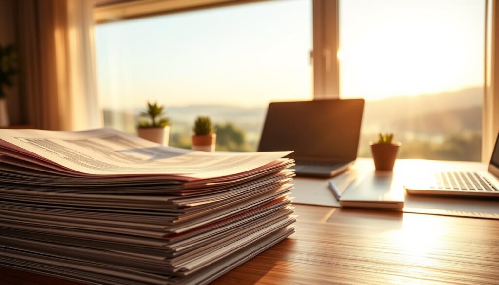 Retirement investment plans: a serene, well-organized tableau. In the foreground, a neatly stacked pile of financial documents, meticulously arranged. The middle ground features a modern, minimalist desk with a laptop, a calculator, and a potted succulent, all bathed in warm, natural lighting. In the background, a panoramic window reveals a tranquil, sun-dappled landscape, symbolizing the peaceful, secure future that thoughtful investment can provide. The overall mood is one of careful planning, financial stability, and the serenity of a well-earned retirement.