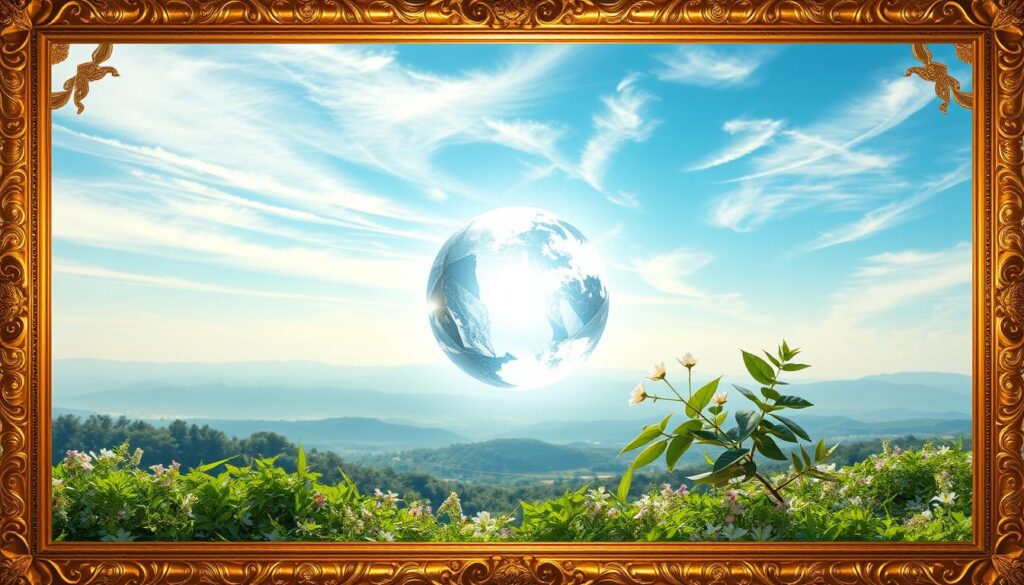 Serene landscape with an ornate golden frame, illuminated by warm, soft lighting. In the foreground, a floating crystal sphere emanates a radiant, mesmerizing glow, symbolizing the power of the law of attraction. Surrounding the sphere, an array of lush, thriving greenery and delicate flowers, representing financial abundance and wellness. In the background, a vast, tranquil sky with wispy clouds, conveying a sense of limitless possibilities. The overall composition evokes a harmonious, inviting atmosphere, inspiring contemplation and manifestation of one's financial goals. Serene landscape with an ornate golden frame, illuminated by warm, soft lighting. In the foreground, a floating crystal sphere emanates a radiant, mesmerizing glow, symbolizing the power of the law of attraction. Surrounding the sphere, an array of lush, thriving greenery and delicate flowers, representing financial abundance and wellness. In the background, a vast, tranquil sky with wispy clouds, conveying a sense of limitless possibilities. The overall composition evokes a harmonious, inviting atmosphere, inspiring contemplation and manifestation of one's financial goals.
