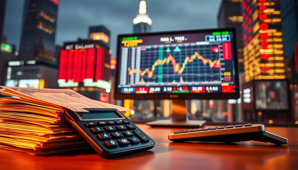 Stocks and shares: a vibrant display of financial power. In the foreground, a stack of stock certificates and a calculator, symbolizing the intricate calculations behind each investment decision. In the middle ground, a sleek computer monitor showcases real-time stock data, its screen alive with flashing numbers and graphs. The background is a bustling cityscape, with towering skyscrapers and the reflections of the ever-changing market. Lighting is warm and inviting, casting a subtle glow on the scene, conveying a sense of professionalism and authority. The mood is one of focused intensity, capturing the essence of the stock market's fundamental role in the financial landscape.
