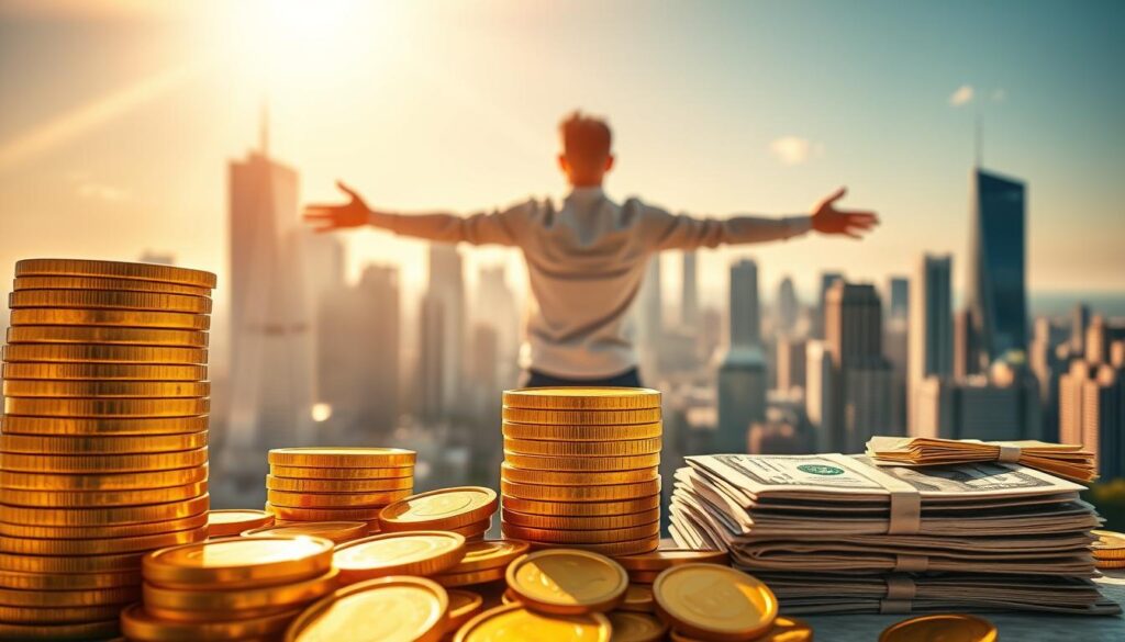 Vibrant and dynamic image of financial freedom strategies. In the foreground, a stack of golden coins and a stack of bills, illuminated by warm, directional lighting to create a sense of wealth and prosperity. In the middle ground, a person standing with arms outstretched, radiating a sense of empowerment and liberation. In the background, a cityscape with skyscrapers and a bright, sun-dappled sky, symbolizing the boundless opportunities of financial freedom. The overall atmosphere is one of positivity, optimism, and the promise of a brighter future.