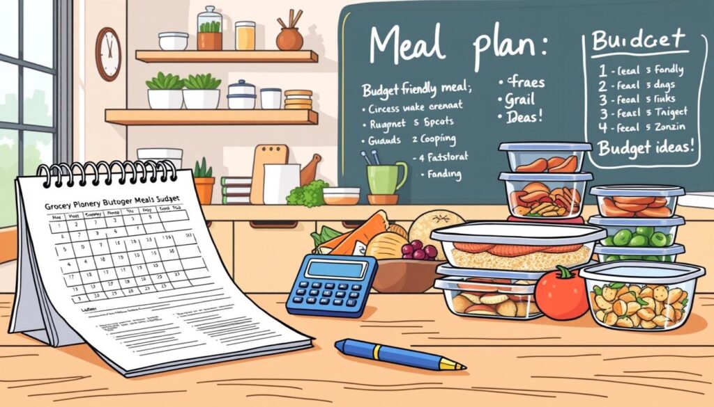 Vibrant, hand-drawn illustration of a meal planning budget with an organized layout. In the foreground, a detailed grocery list and calculator on a wooden table, alongside a calendar and pen. The middle ground features neatly stacked food containers and meal prep ingredients like fresh produce, grains, and proteins. The background showcases a cozy kitchen setting with natural lighting, minimalist decor, and a chalkboard wall displaying budget-friendly meal ideas. The overall mood is warm, inviting, and inspirational, encouraging practical strategies for successful meal planning and budgeting. Vibrant, hand-drawn illustration of a meal planning budget with an organized layout. In the foreground, a detailed grocery list and calculator on a wooden table, alongside a calendar and pen. The middle ground features neatly stacked food containers and meal prep ingredients like fresh produce, grains, and proteins. The background showcases a cozy kitchen setting with natural lighting, minimalist decor, and a chalkboard wall displaying budget-friendly meal ideas. The overall mood is warm, inviting, and inspirational, encouraging practical strategies for successful meal planning and budgeting.