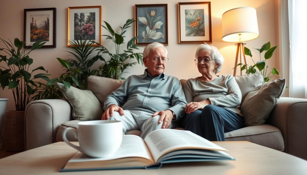 a cozy living room with an elder couple sitting on a comfortable sofa, surrounded by potted plants and framed artwork on the walls. Soft, warm lighting from a standing lamp casts a peaceful glow. In the foreground, an open book and a cup of tea on a coffee table suggest a relaxed, contemplative mood. The couple appears engaged in a thoughtful conversation, their expressions serene as they consider their new chapter of life. The overall scene conveys a sense of contentment and fulfillment in their retirement lifestyle adjustments.