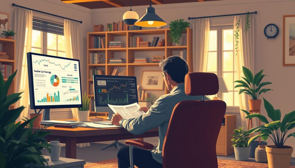 a detailed scene of a person's financial savings and investment strategies, shot with a wide-angle lens in a warm, natural lighting. The foreground depicts a person sitting at a desk, reviewing financial statements and planning their investments. The middle ground shows various financial instruments such as stocks, bonds, and retirement accounts displayed on a computer screen. The background depicts a cozy home office setting with bookshelves, plants, and other personal touches, conveying a sense of security and long-term financial planning. a detailed scene of a person's financial savings and investment strategies, shot with a wide-angle lens in a warm, natural lighting. The foreground depicts a person sitting at a desk, reviewing financial statements and planning their investments. The middle ground shows various financial instruments such as stocks, bonds, and retirement accounts displayed on a computer screen. The background depicts a cozy home office setting with bookshelves, plants, and other personal touches, conveying a sense of security and long-term financial planning.