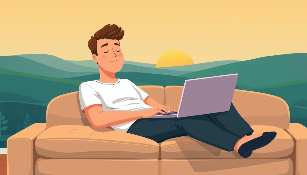 a digital illustration of a person relaxing on a comfortable couch, laptop open on their lap, with a serene landscape of rolling hills and a sunrise in the background. The person is casually dressed, with a peaceful expression on their face, symbolizing the effortless nature of passive income in the digital age. The lighting is soft and warm, creating a calming atmosphere. The laptop's screen displays a graph or chart, indicating financial growth and success. The entire scene conveys the idea of generating income without active involvement, capturing the essence of "making money while you sleep."