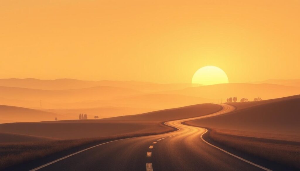 a serene and minimalist landscape with a winding road leading to the horizon, symbolizing the journey to financial independence. In the foreground, a simple line chart or graph representing the roadmap to financial freedom, rendered in muted tones. The middle ground features rolling hills or a tranquil countryside, with a few strategically placed trees or buildings to add depth and visual interest. The background is filled with a warm, golden sunset, casting a soft, glowing light over the entire scene. The overall mood is one of calm, contemplation, and a sense of forward progress towards a brighter financial future.