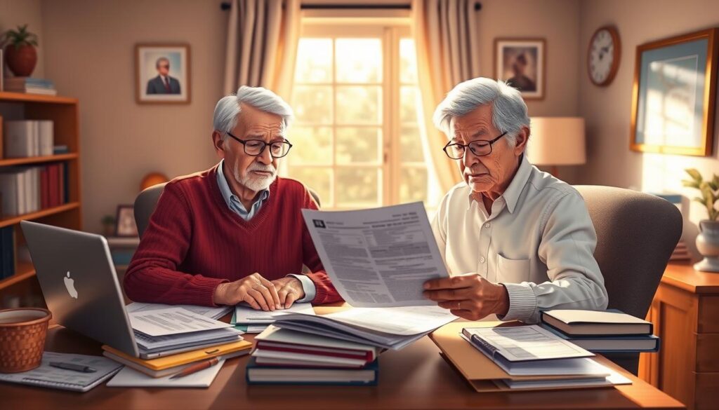high-resolution, photorealistic, detailed digital illustration of a retiree couple reviewing their social security benefits statement, sitting at a desk in a home office environment, with laptop computer, folders, and financial documents on the desk in front of them, natural soft lighting from a window, warm color palette, serene and contemplative mood, wide angle lens to capture the full scene