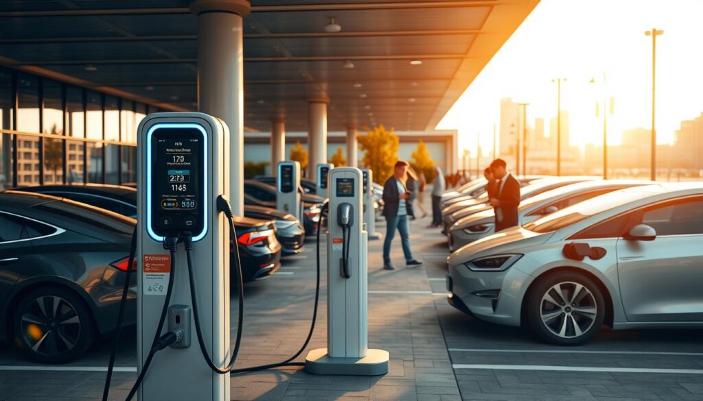 A bustling public charging hub, with rows of sleek electric vehicles plugged into high-power stations. The scene is bathed in a warm, golden light, creating a welcoming ambiance. In the foreground, a modern, minimalist charging pedestal stands ready to receive the next car, its interface glowing with intuitive controls. In the middle ground, people casually stroll by, checking their charging progress on their smartphones. The background features a cityscape of glass-and-steel buildings, hinting at the urban setting. The overall composition conveys a sense of efficiency, convenience, and the growing ubiquity of electric mobility infrastructure. A bustling public charging hub, with rows of sleek electric vehicles plugged into high-power stations. The scene is bathed in a warm, golden light, creating a welcoming ambiance. In the foreground, a modern, minimalist charging pedestal stands ready to receive the next car, its interface glowing with intuitive controls. In the middle ground, people casually stroll by, checking their charging progress on their smartphones. The background features a cityscape of glass-and-steel buildings, hinting at the urban setting. The overall composition conveys a sense of efficiency, convenience, and the growing ubiquity of electric mobility infrastructure.