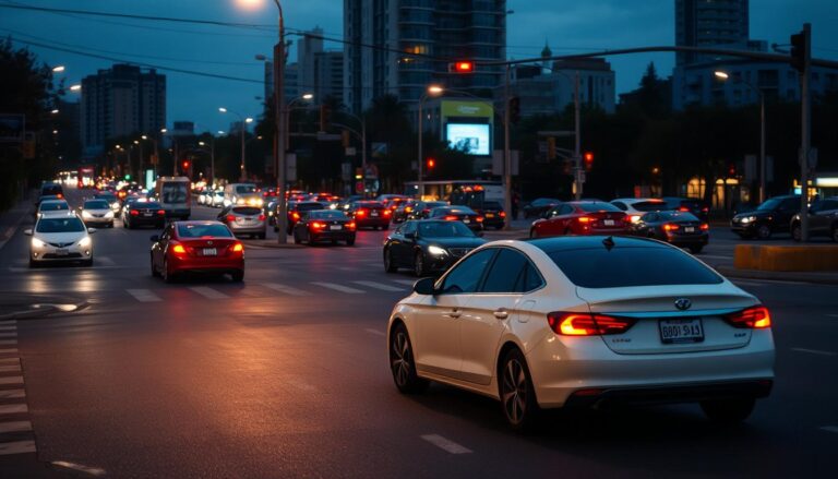 A busy city intersection at dusk, the street lights casting a warm glow. In the foreground, a car performing a textbook U-turn, the tires gripping the asphalt as the vehicle smoothly rotates. In the middle ground, another car carefully executing a three-point turn, maneuvering through tight spaces with precision. In the background, a diverse array of vehicles navigating the intersection, their headlights and taillights creating a mesmerizing visual tapestry. The scene is shot from a slightly elevated angle, capturing the dynamic interplay of traffic patterns and driver skills. A cinematic tone, with a focus on the technical details of urban driving.