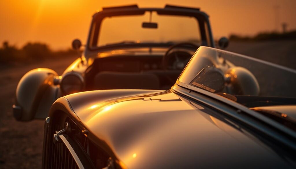 A classic car, its sleek contours and chrome accents gleaming under the warm, golden light of a sunset. The vehicle's profile is captured in sharp focus, its grille, headlights, and long hood commanding attention. In the middle ground, the car's interior is visible, the rich leather seats and vintage dashboard hinting at a bygone era of automotive craftsmanship. The background is softly blurred, emphasizing the car as the central subject, with a slight haze creating a nostalgic, dreamlike atmosphere. The overall composition evokes a sense of timeless elegance and the enduring appeal of classic car design. A classic car, its sleek contours and chrome accents gleaming under the warm, golden light of a sunset. The vehicle's profile is captured in sharp focus, its grille, headlights, and long hood commanding attention. In the middle ground, the car's interior is visible, the rich leather seats and vintage dashboard hinting at a bygone era of automotive craftsmanship. The background is softly blurred, emphasizing the car as the central subject, with a slight haze creating a nostalgic, dreamlike atmosphere. The overall composition evokes a sense of timeless elegance and the enduring appeal of classic car design.