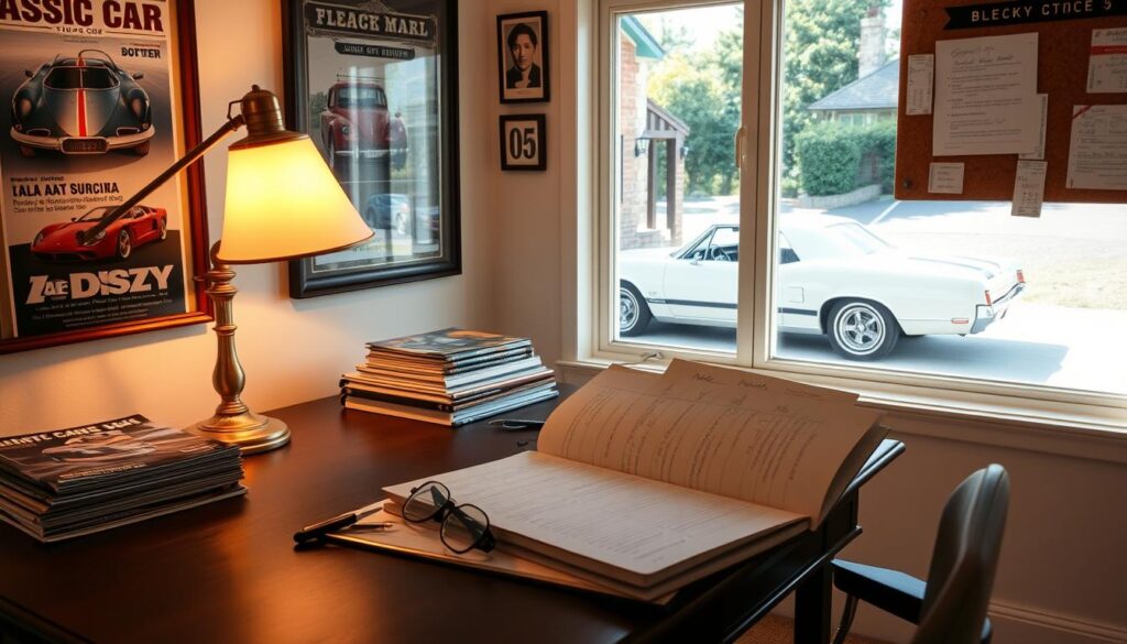 A cozy home office, sunlit and orderly, with a vintage-inspired desk adorned with a brass lamp and a stack of automotive magazines. On the desk, a pair of reading glasses, a pen, and a notebook opened to reveal meticulously planned itinerary and notes for an upcoming classic car show visit. The walls showcase framed automotive posters and a corkboard with ticket stubs, maps, and handwritten schedules. Through the window, a glimpse of a classic car parked in the driveway, hinting at the enthusiast's passion. The atmosphere exudes a sense of excited anticipation and careful preparation for the upcoming event. A cozy home office, sunlit and orderly, with a vintage-inspired desk adorned with a brass lamp and a stack of automotive magazines. On the desk, a pair of reading glasses, a pen, and a notebook opened to reveal meticulously planned itinerary and notes for an upcoming classic car show visit. The walls showcase framed automotive posters and a corkboard with ticket stubs, maps, and handwritten schedules. Through the window, a glimpse of a classic car parked in the driveway, hinting at the enthusiast's passion. The atmosphere exudes a sense of excited anticipation and careful preparation for the upcoming event.