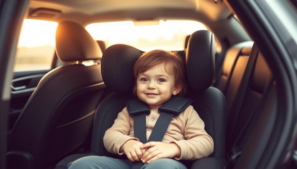A cozy, well-lit interior of a car, with a young child securely strapped into a modern, ergonomic car seat. The seat is positioned in the middle of the back row, allowing the child to be easily monitored. Soft, warm lighting filters in through the windows, casting a comforting glow. The car's dashboard and upholstery are neutral-toned, creating a calming atmosphere. The car seat is meticulously designed, with sturdy construction, adjustable harnesses, and additional safety features. The child's expression is one of comfort and security, emphasizing the importance of proper car seat usage for child safety.