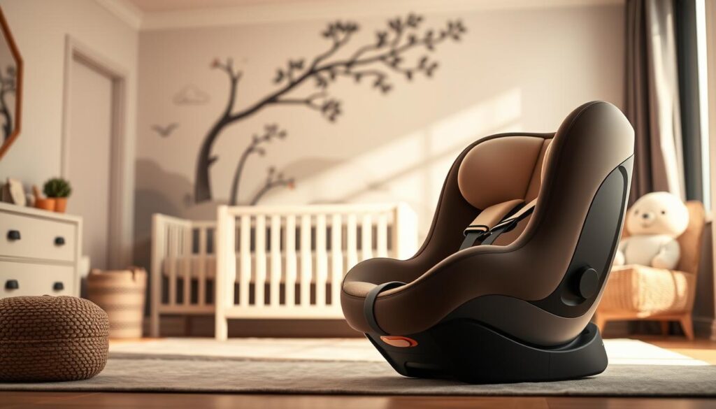 A cozy, well-lit nursery scene with a plush, modern infant car seat positioned prominently in the foreground. The seat is made of high-quality materials like soft leather and features a sleek, ergonomic design with adjustable headrest and harness. The middle ground showcases a neutral-toned, minimalist baby crib and dresser, while the background depicts a serene, nature-inspired wall mural with soft, muted colors. Warm, diffused lighting casts a gentle glow, creating a calming, inviting atmosphere perfect for a newborn's first ride.