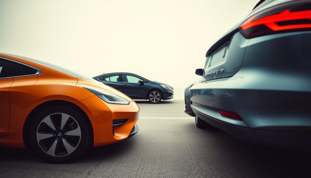 A detailed comparison of a hybrid electric vehicle and a conventional gasoline-powered car, viewed from a low angle with a wide-angle lens. The hybrid car is sleek, modern, and prominently displayed in the foreground, its vibrant exterior and streamlined silhouette reflecting the latest advancements in eco-friendly automotive technology. In the background, a conventional sedan sits in contrast, its more traditional design and exhaust plume highlighting the differences in efficiency and environmental impact. Soft, diffused lighting creates a contemplative atmosphere, inviting the viewer to consider the advantages and trade-offs between these two vehicle types. A detailed comparison of a hybrid electric vehicle and a conventional gasoline-powered car, viewed from a low angle with a wide-angle lens. The hybrid car is sleek, modern, and prominently displayed in the foreground, its vibrant exterior and streamlined silhouette reflecting the latest advancements in eco-friendly automotive technology. In the background, a conventional sedan sits in contrast, its more traditional design and exhaust plume highlighting the differences in efficiency and environmental impact. Soft, diffused lighting creates a contemplative atmosphere, inviting the viewer to consider the advantages and trade-offs between these two vehicle types.