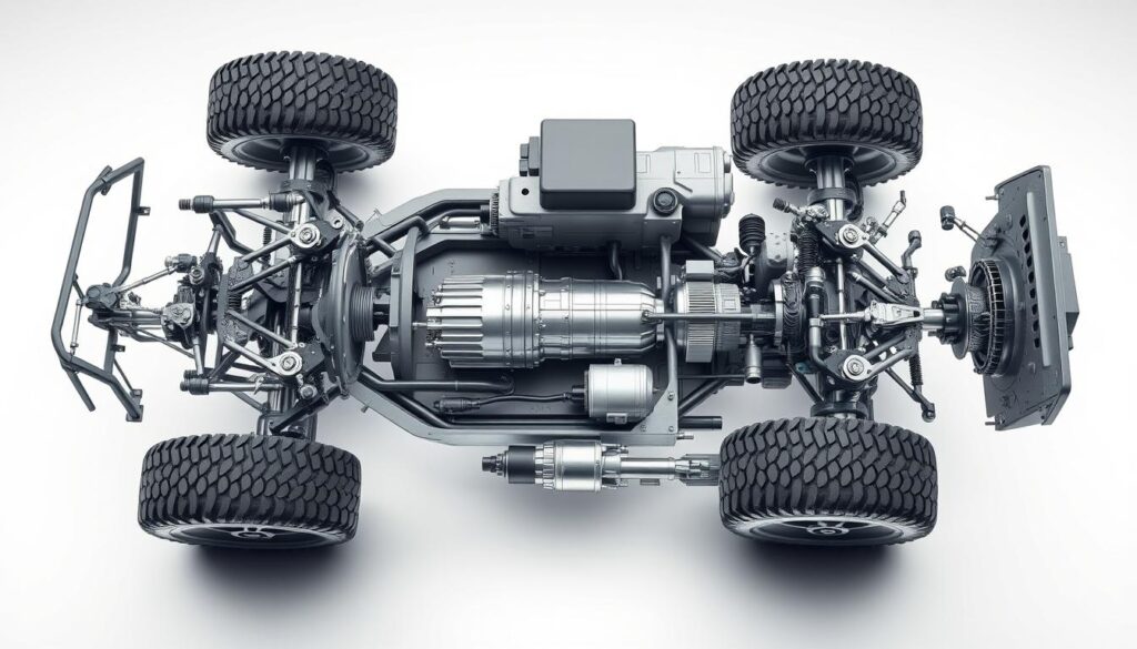 A detailed cutaway diagram showcasing the intricate components of a high-performance off-road vehicle's suspension and transmission systems. The scene depicts the chassis, suspension linkages, shocks, differentials, transfer case, and drivetrain in crisp, technical detail. Precise lines, accurate proportions, and a cool, muted color palette convey a sense of engineering excellence. Bright, directional lighting illuminates the complex mechanisms, emphasizing their form and function. The composition provides a clear, comprehensive view, allowing the viewer to fully understand the sophisticated design underlying the vehicle's off-road capabilities. A detailed cutaway diagram showcasing the intricate components of a high-performance off-road vehicle's suspension and transmission systems. The scene depicts the chassis, suspension linkages, shocks, differentials, transfer case, and drivetrain in crisp, technical detail. Precise lines, accurate proportions, and a cool, muted color palette convey a sense of engineering excellence. Bright, directional lighting illuminates the complex mechanisms, emphasizing their form and function. The composition provides a clear, comprehensive view, allowing the viewer to fully understand the sophisticated design underlying the vehicle's off-road capabilities.