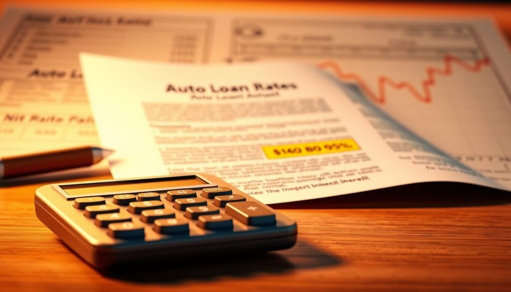 A detailed, three-dimensional illustration of an auto loan principal and interest calculation. In the foreground, a calculator displaying the loan amount, interest rate, and monthly payment. In the middle ground, a car loan document with key terms highlighted. The background features a financial chart with interest rate curves and payment schedules. The scene is illuminated by warm, directional lighting, creating depth and a sense of technical precision. The overall mood is informative and analytical, capturing the essential elements of understanding auto loan interest rates. A detailed, three-dimensional illustration of an auto loan principal and interest calculation. In the foreground, a calculator displaying the loan amount, interest rate, and monthly payment. In the middle ground, a car loan document with key terms highlighted. The background features a financial chart with interest rate curves and payment schedules. The scene is illuminated by warm, directional lighting, creating depth and a sense of technical precision. The overall mood is informative and analytical, capturing the essential elements of understanding auto loan interest rates.