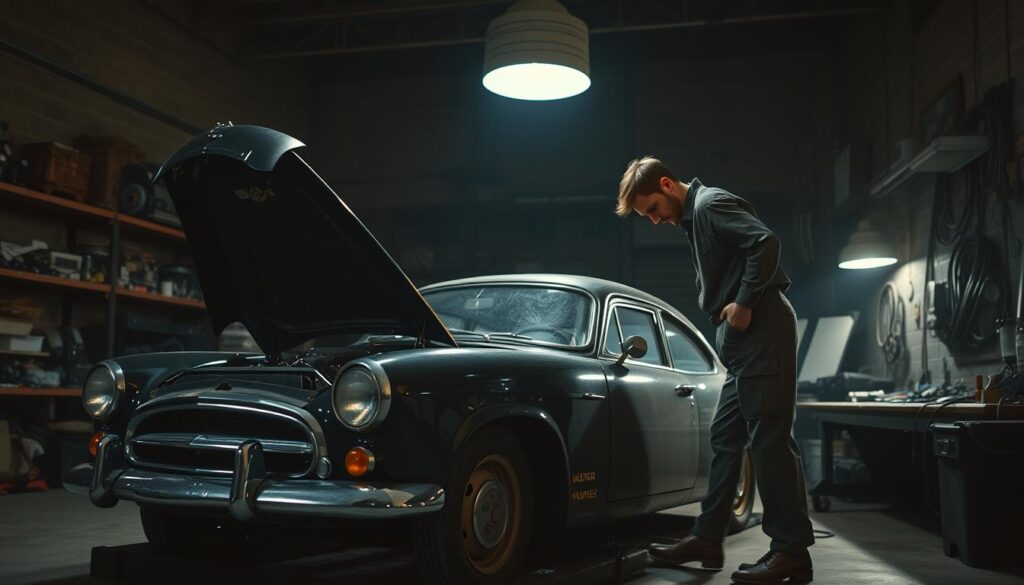 A dimly lit garage, the air heavy with the scent of oil and grease. In the foreground, a vintage car sits on a mechanic's creeper, its hood open to reveal a meticulously maintained engine. The mechanic, clad in a worn but sturdy jumpsuit, leans in with a focused gaze, tools in hand, carefully inspecting and adjusting each component. The middle ground shows shelves lined with an array of spare parts, neatly organized and ready for use. In the background, the faint glow of a workbench lamp illuminates the scene, casting long shadows and creating a sense of quiet concentration. The overall atmosphere is one of expertise, dedication, and a deep appreciation for the art of vintage car maintenance. A dimly lit garage, the air heavy with the scent of oil and grease. In the foreground, a vintage car sits on a mechanic's creeper, its hood open to reveal a meticulously maintained engine. The mechanic, clad in a worn but sturdy jumpsuit, leans in with a focused gaze, tools in hand, carefully inspecting and adjusting each component. The middle ground shows shelves lined with an array of spare parts, neatly organized and ready for use. In the background, the faint glow of a workbench lamp illuminates the scene, casting long shadows and creating a sense of quiet concentration. The overall atmosphere is one of expertise, dedication, and a deep appreciation for the art of vintage car maintenance.