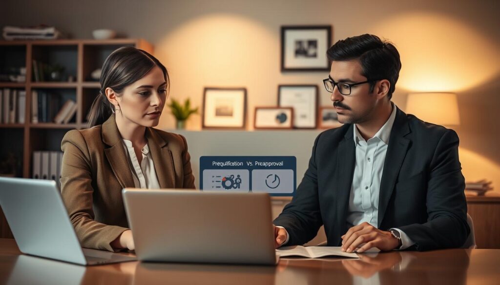 A dimly lit office scene with two business people discussing financial documents. In the foreground, a female executive in a smart blazer sits at a desk, her expression serious as she explains details to a male colleague in a suit. The middle ground showcases a laptop displaying two contrasting options - "Prequalification" and "Preapproval" - with graphical icons and information. The background features generic office decor, like bookshelves and framed certificates, creating a professional atmosphere. The lighting is warm and focused, drawing attention to the figures and their discussion. The overall mood conveys the importance of understanding the differences between these two financial processes. A dimly lit office scene with two business people discussing financial documents. In the foreground, a female executive in a smart blazer sits at a desk, her expression serious as she explains details to a male colleague in a suit. The middle ground showcases a laptop displaying two contrasting options - "Prequalification" and "Preapproval" - with graphical icons and information. The background features generic office decor, like bookshelves and framed certificates, creating a professional atmosphere. The lighting is warm and focused, drawing attention to the figures and their discussion. The overall mood conveys the importance of understanding the differences between these two financial processes.