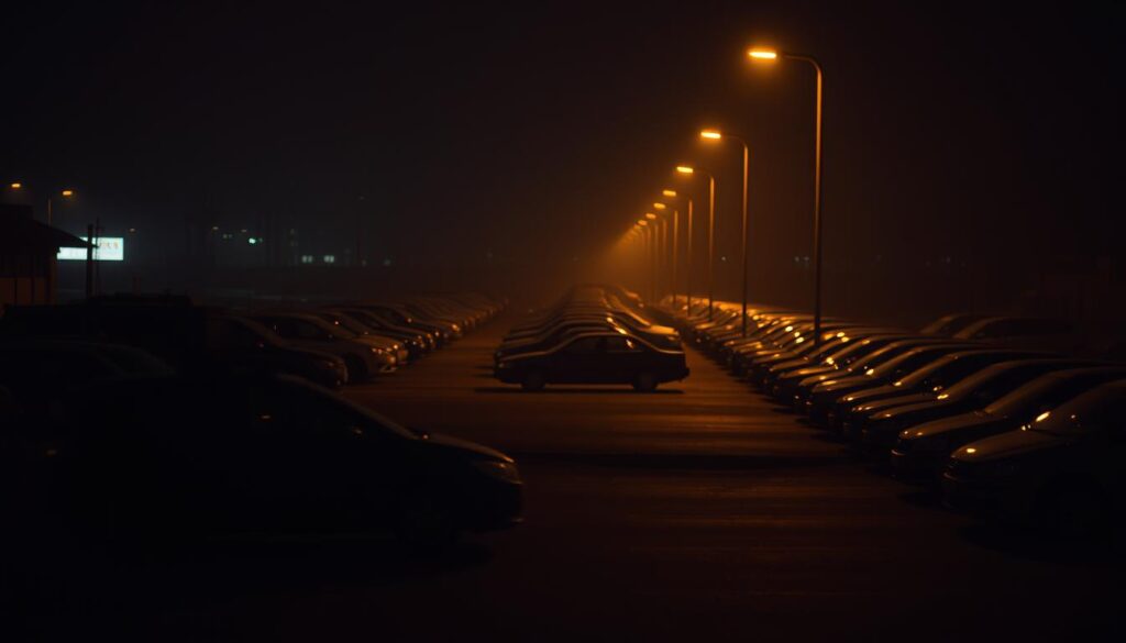 A dimly lit urban parking lot, the eerie silence punctuated by the occasional creaking of metal. Rows of cars cast long shadows, creating pockets of darkness where potential thieves could lurk. The scene is bathed in a soft, amber glow from the streetlights, casting an ominous atmosphere. In the foreground, a lone car sits isolated, its windows reflecting the flickering light, an enticing target for those with nefarious intentions. The middle ground is obscured by a cluster of parked vehicles, their outlines barely visible, concealing any movement within. The background fades into a hazy blur, the edges of the lot disappearing into the night, suggesting a lack of surveillance or security. A dimly lit urban parking lot, the eerie silence punctuated by the occasional creaking of metal. Rows of cars cast long shadows, creating pockets of darkness where potential thieves could lurk. The scene is bathed in a soft, amber glow from the streetlights, casting an ominous atmosphere. In the foreground, a lone car sits isolated, its windows reflecting the flickering light, an enticing target for those with nefarious intentions. The middle ground is obscured by a cluster of parked vehicles, their outlines barely visible, concealing any movement within. The background fades into a hazy blur, the edges of the lot disappearing into the night, suggesting a lack of surveillance or security.