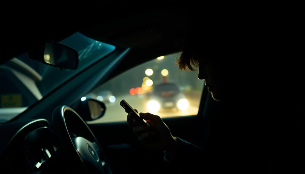 A distracted driver in their car, eyes glued to their smartphone, oblivious to the road ahead. The interior is dimly lit, creating a sense of unease. The steering wheel is barely gripped, the driver's hands preoccupied. Through the windshield, a blur of the outside world, hinting at the potential danger. The dashboard is cluttered with gadgets, further dividing the driver's attention. A single ray of light cuts through the gloom, casting an ominous shadow across the scene, emphasizing the gravity of the situation. The overall atmosphere is tense and foreboding, a cautionary tale of the consequences of taking one's eyes off the road. A distracted driver in their car, eyes glued to their smartphone, oblivious to the road ahead. The interior is dimly lit, creating a sense of unease. The steering wheel is barely gripped, the driver's hands preoccupied. Through the windshield, a blur of the outside world, hinting at the potential danger. The dashboard is cluttered with gadgets, further dividing the driver's attention. A single ray of light cuts through the gloom, casting an ominous shadow across the scene, emphasizing the gravity of the situation. The overall atmosphere is tense and foreboding, a cautionary tale of the consequences of taking one's eyes off the road.