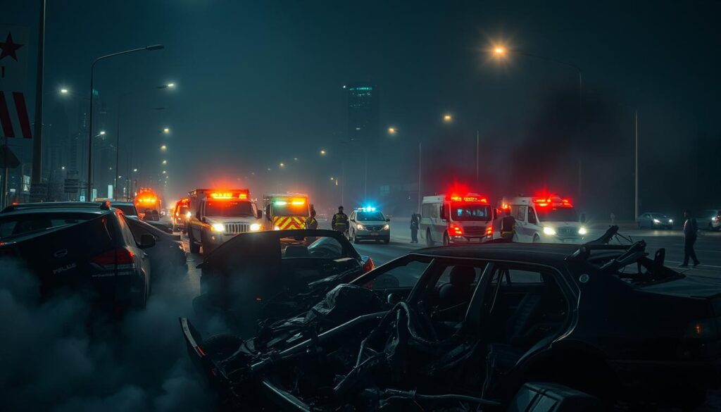 A dramatic cityscape at night, with the harsh glare of streetlights and headlights casting long shadows. In the foreground, a twisted tangle of crumpled vehicles, their metal frames mangled and glass shattered, conveying the violent aftermath of a collision. Smoke and debris fill the air, a palpable sense of chaos and destruction. In the middle ground, emergency vehicles with flashing lights converge, their sirens wailing. Paramedics and first responders attend to the wounded, their faces etched with concern. The background is a blur of towering skyscrapers and the hazy glow of the city skyline, a stark contrast to the catastrophe unfolding before the viewer. An eerie, unsettling atmosphere permeates the scene, a stark reminder of the true cost of driving errors on the road. A dramatic cityscape at night, with the harsh glare of streetlights and headlights casting long shadows. In the foreground, a twisted tangle of crumpled vehicles, their metal frames mangled and glass shattered, conveying the violent aftermath of a collision. Smoke and debris fill the air, a palpable sense of chaos and destruction. In the middle ground, emergency vehicles with flashing lights converge, their sirens wailing. Paramedics and first responders attend to the wounded, their faces etched with concern. The background is a blur of towering skyscrapers and the hazy glow of the city skyline, a stark contrast to the catastrophe unfolding before the viewer. An eerie, unsettling atmosphere permeates the scene, a stark reminder of the true cost of driving errors on the road.
