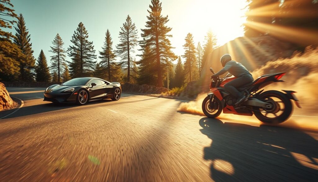 A dramatic high-angle shot of a sleek sports car and a nimble motorcycle mid-turn on a winding mountain road, showcasing their distinct cornering techniques. The car leans into the curve with its wheels slightly angled, while the bike's rider expertly countersteers, shifting their weight to carve through the bend. Shafts of golden sunlight pierce through the canopy of towering pines, casting dramatic shadows across the tarmac. Plumes of dust and gravel kick up in the vehicles' wake, heightening the sense of speed and agility. The composition emphasizes the visual contrast between the powerful, planted car and the agile, maneuverable bike, capturing the essence of "Turning Techniques for Different Vehicles". A dramatic high-angle shot of a sleek sports car and a nimble motorcycle mid-turn on a winding mountain road, showcasing their distinct cornering techniques. The car leans into the curve with its wheels slightly angled, while the bike's rider expertly countersteers, shifting their weight to carve through the bend. Shafts of golden sunlight pierce through the canopy of towering pines, casting dramatic shadows across the tarmac. Plumes of dust and gravel kick up in the vehicles' wake, heightening the sense of speed and agility. The composition emphasizes the visual contrast between the powerful, planted car and the agile, maneuverable bike, capturing the essence of "Turning Techniques for Different Vehicles".