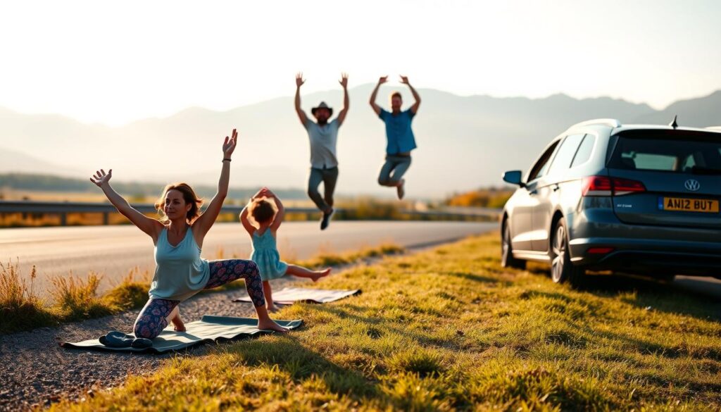 A family stretched out on the side of a scenic highway, taking a well-deserved break from their road trip. In the foreground, a mother and daughter perform gentle yoga poses on plush travel mats, their faces serene and focused. The father and son in the middle ground do jumping jacks and dynamic stretches, reinvigorating their muscles. In the background, their car is parked on the grassy shoulder, with the open road and distant mountains creating a calming, peaceful atmosphere. The lighting is soft and warm, casting a golden glow over the scene. This image conveys the importance of prioritizing physical activity and rejuvenation during long drives, helping travelers stay alert and refreshed. A family stretched out on the side of a scenic highway, taking a well-deserved break from their road trip. In the foreground, a mother and daughter perform gentle yoga poses on plush travel mats, their faces serene and focused. The father and son in the middle ground do jumping jacks and dynamic stretches, reinvigorating their muscles. In the background, their car is parked on the grassy shoulder, with the open road and distant mountains creating a calming, peaceful atmosphere. The lighting is soft and warm, casting a golden glow over the scene. This image conveys the importance of prioritizing physical activity and rejuvenation during long drives, helping travelers stay alert and refreshed.