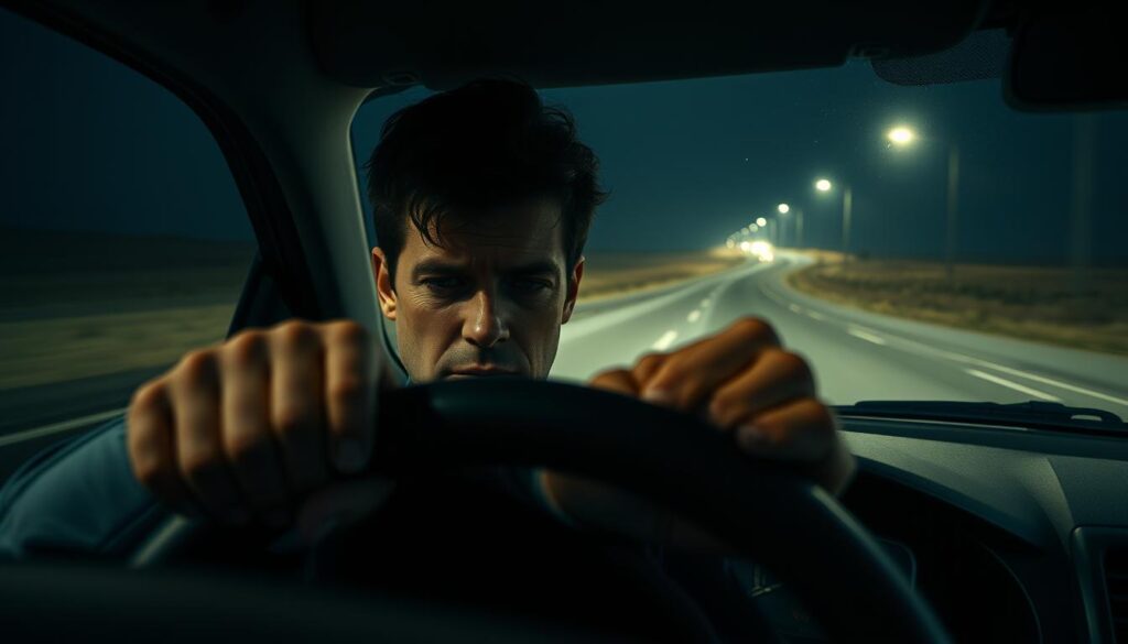 A fatigued driver behind the wheel, eyes heavy-lidded, head nodding. The dashboard illuminates their weary face, the steering wheel gripped with overconfident, white-knuckled hands. The car's motion blurs in the foreground, conveying a sense of reckless speed. The background is a dimly lit, deserted highway, devoid of other vehicles, creating a claustrophobic, isolated atmosphere. Harsh, dramatic lighting casts deep shadows, heightening the sense of impending danger and the driver's disregard for safety. A fatigued driver behind the wheel, eyes heavy-lidded, head nodding. The dashboard illuminates their weary face, the steering wheel gripped with overconfident, white-knuckled hands. The car's motion blurs in the foreground, conveying a sense of reckless speed. The background is a dimly lit, deserted highway, devoid of other vehicles, creating a claustrophobic, isolated atmosphere. Harsh, dramatic lighting casts deep shadows, heightening the sense of impending danger and the driver's disregard for safety.